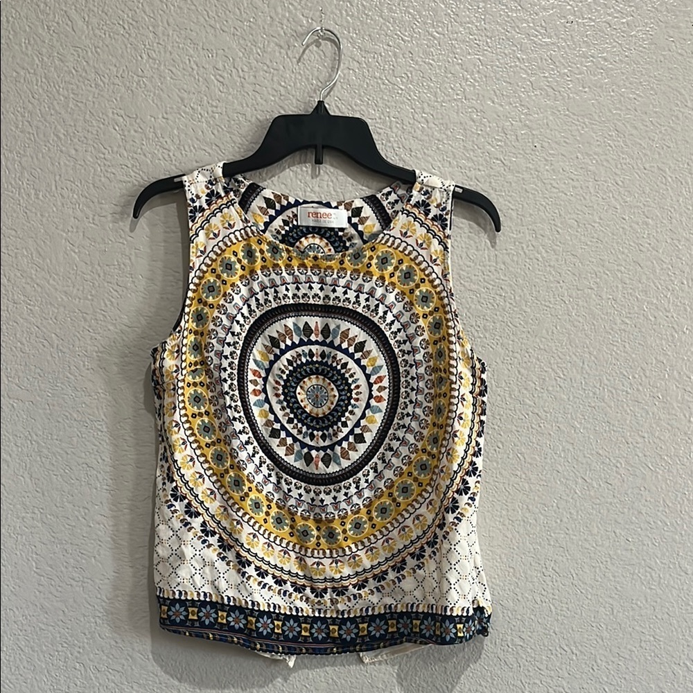 Renee C. Women's Blue Cream Geometric Fitted Sleeveless Top Sz M Summer Wear - Picture 1 of 7